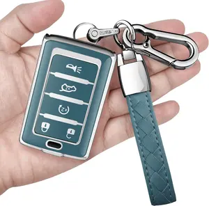 for Jeep Key Fob Cover with Keychain Soft Full Protection Key  Compatible with Grand Cherokee L Grand Wagoneer 2021-2025 Smart Key 5 Buttons-B(Storm Blue)