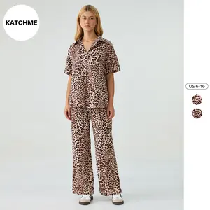KatchMe Women's Chic Leopard Print Collared Button Short Sleeve Blouse & Wide Leg Trousers Co-ord, Drawstring Decor Loose Two Piece Outfits, Loungewear Set