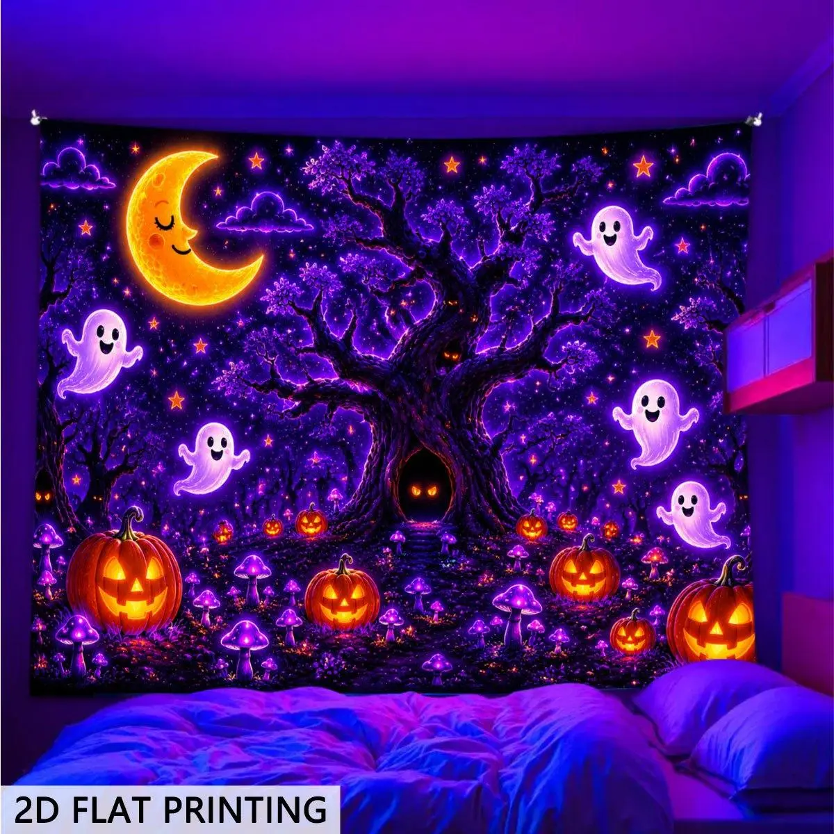 2D Flat Print Rectangular Fabric Halloween Tapestry - Blacklight Glow-in-the-Dark Starry Night Whimsical Tree Spirit Pumpkin Wall Hanging, Ideal for Whimsical Room Decor, Halloween Aesthetic Gaming Room Gatherings, Dormitory Portrait Upgrade