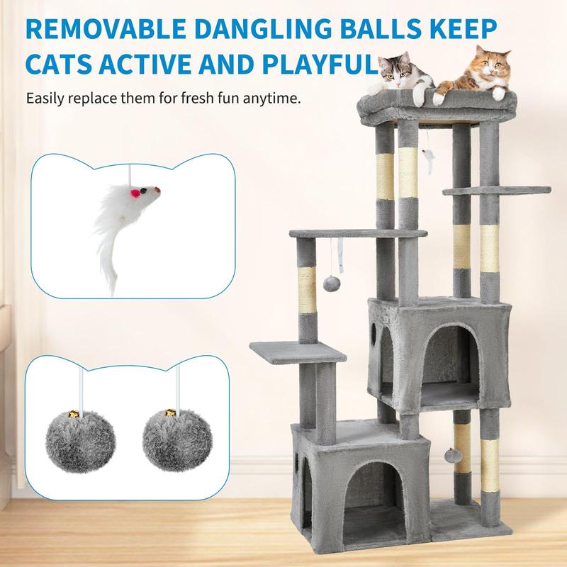 61" Multi-Level Cat Tree for Indoor Cats, Heavy-Duty Tower for Large Adult & Maine Coon Cats with Oversized Perch, Dual Condos, Natural Sisal Scratching Posts & Play Toys