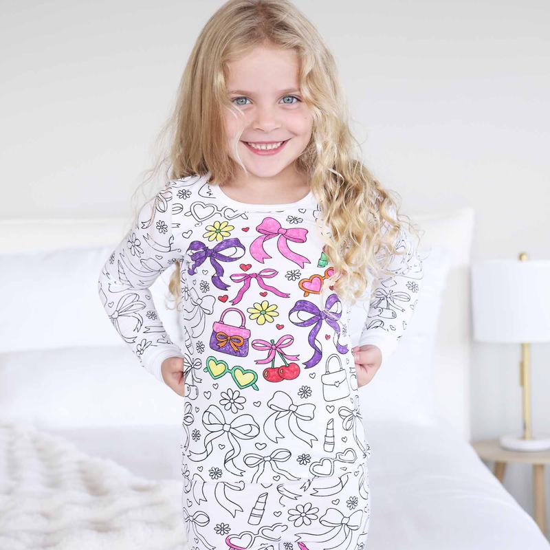 Material Girl Colorable Two Piece Pajama Set with Markers 95% Bamboo Viscose 5% Spandex Breathable for Sensitive Skin True to Size with Extra Room for Growth