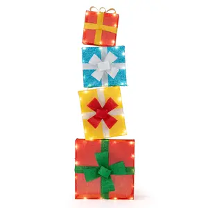 COSTWAY - Lighted Gift Boxes Christmas Decoration 2D Set of 4 Pre-Lit Stacked Xmas Gift Boxes