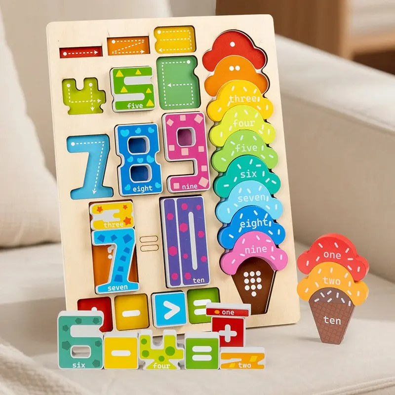 Ice Cream Number Puzzle, Large Wooden Number Counting Blocks, Baby Educational Toy, Early Learning Tool, Math Learning Tools, Christmas Gift, Fun Math Game
