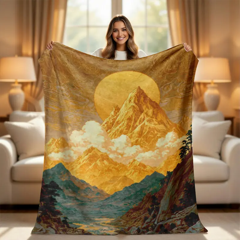Golden Mountain Sunset Throw Blanket - Cozy Zen Asian Style Landscape, Art Graphic Sun-Themed Statement Decorative Blanket for Bed, Couch, Warm Gift for Nature Lovers, Art Graphic Blankets, Asian Style Blankets