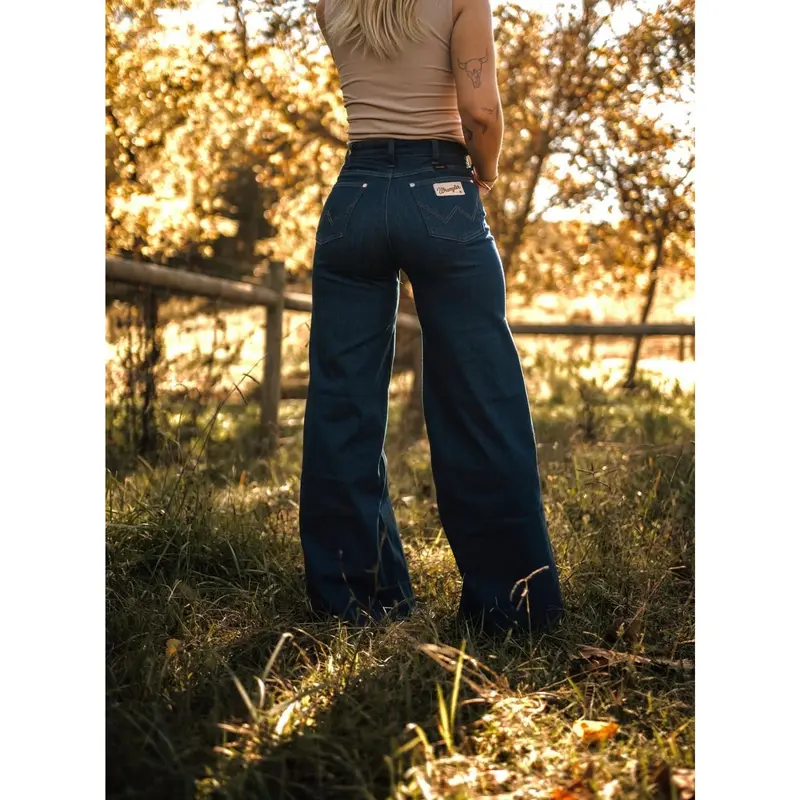 Wrangler Lainey Punchy Deep Sea Jeans, Wide Leg, Embroidered, Cotton, Bottom, Western Wear For Women, Elevated Basics, High Rise, Loose Fit, A-Line Cut, Lainey Coin Detail, Belt, Stretch For Bends, Comfy, Clothes, Pocket, Western Clothing, Country Clothin