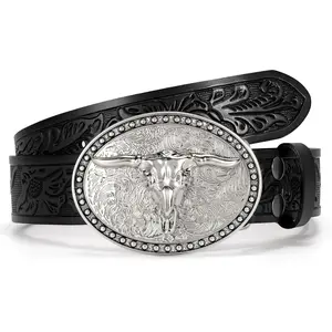 Western Belt Cowboy Belt for Men Women, Embossed Leather Men's Western Belt for Jeans with Bull Buckle