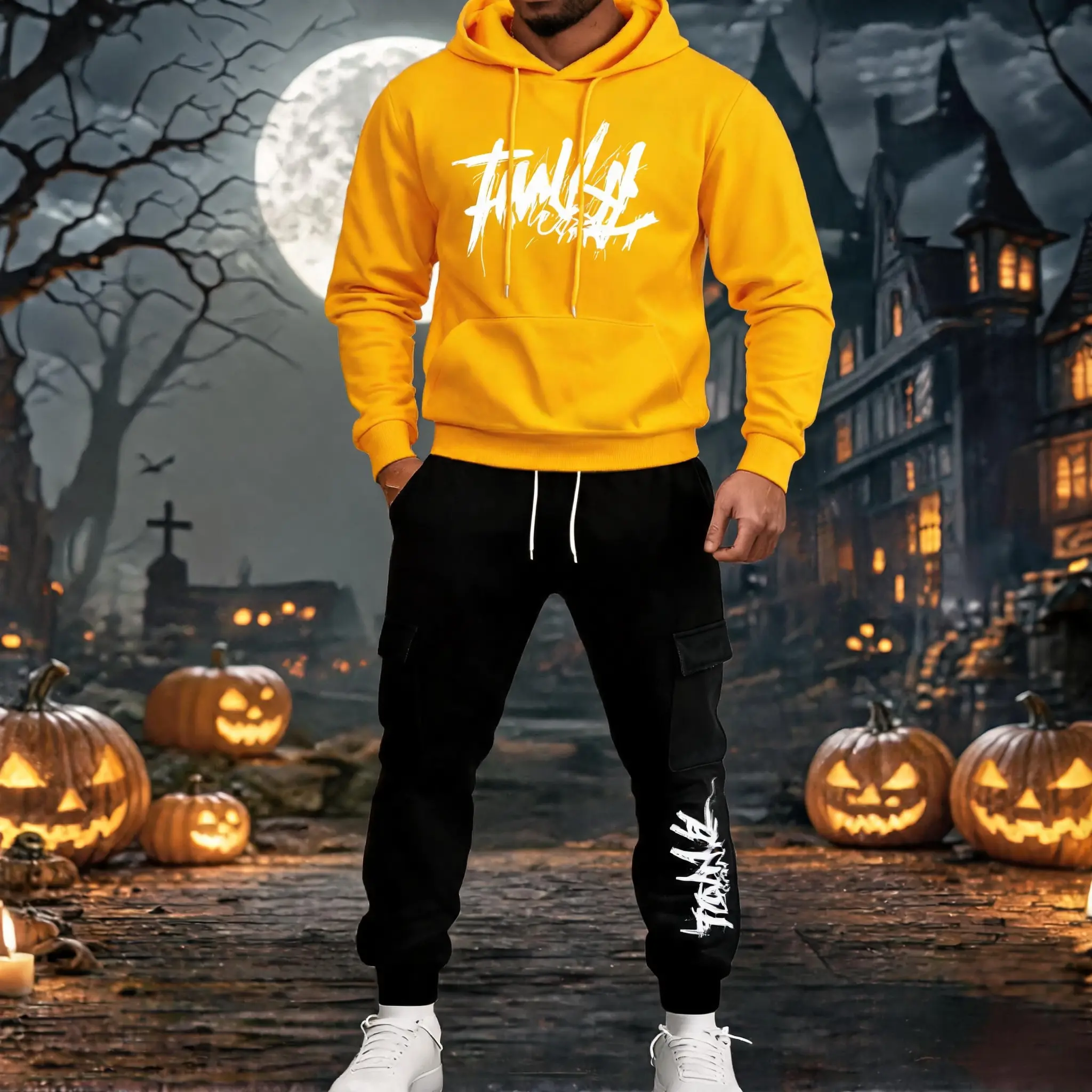 Mens 2 Piece Tracksuit Graffiti Letter Print Bright Yellow Hoodie Sweatshirt Multi Pocket Black Cargo Jogger Pants Sweat Suit Casual Hip‑Hop Streetwear Fall Winter Men Halloween Outfit