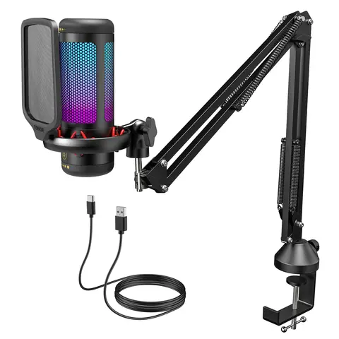 TONOR TC310 Wired Condenser Gaming USB Microphone Set (USB Type-A) with Boom Arm, RGB Lighting, Pop Filter, Quick Mute, Shock Mount, Gain Control for PC, PS4, PS5 Content Creator Live Streaming Equipment