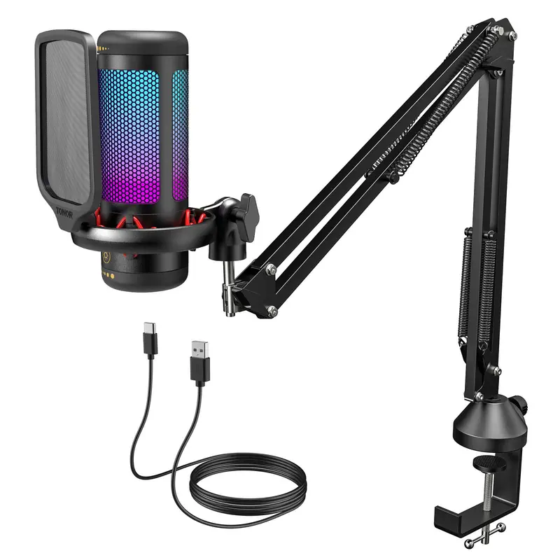 TONOR TC310 Wired Condenser Gaming USB Microphone Set (USB Type-A) with Boom Arm, RGB Lighting, Pop Filter, Quick Mute, Shock Mount, Gain Control for PC, PS4, PS5 Content Creator Live Streaming Equipment