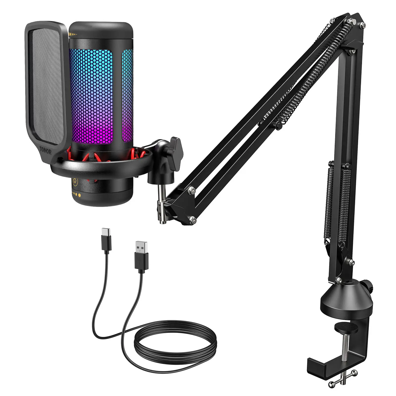 TONOR TC310 Gaming USB Microphone Set with Boom Arm, RGB Lighting, Pop Filter, Quick Mute, Shock Mount & Gain Control for PC PS4/PS5