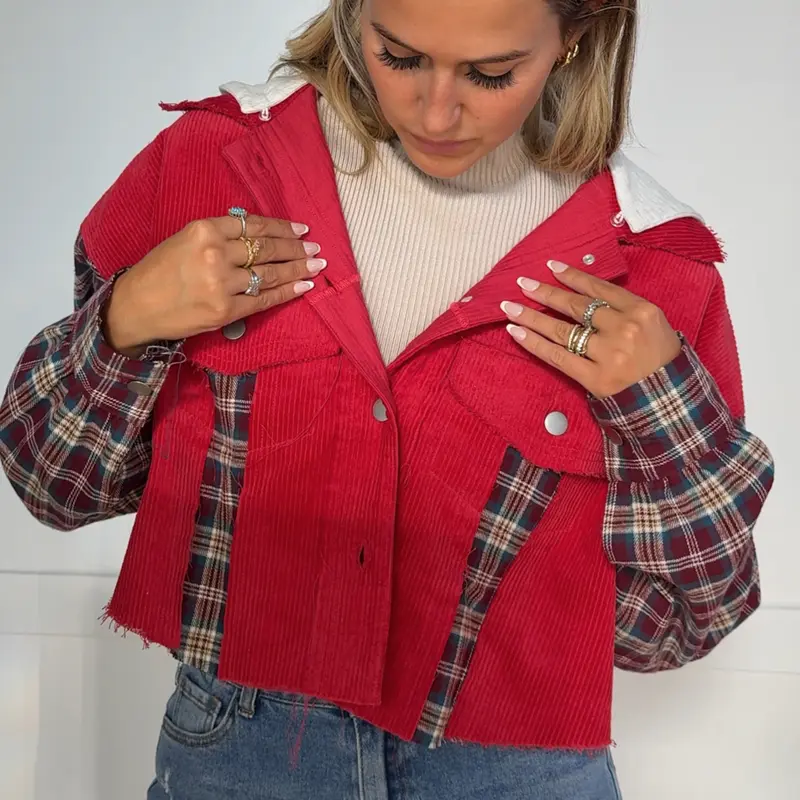 Women's Flannel Fall Leaves Plaid Cropped Shacket - Long Sleeve, Boxy Cut, Denim-Infused Coats, Casual Essential Outerwear with Flattering Fit & Denim-Boot Chic Style for Stylish Women