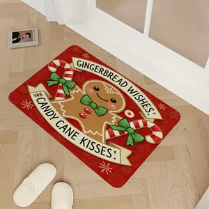 Mecko Door Mat Non-Slip Durable Floor Mat with Gingerbread Man & Candy Cane Print, Fit for Front Door & Kitchen Entrance - Modern Green Door Mat