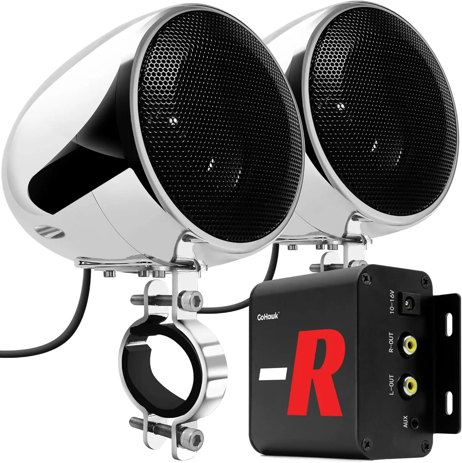GoHawk Bluetooth Motorcycle Speakers and Amplifier Audio Sound System, 4 Inch Weatherproof Speakers, Volume Control, FM Radio, Perfect for Motorcycles/ATVs