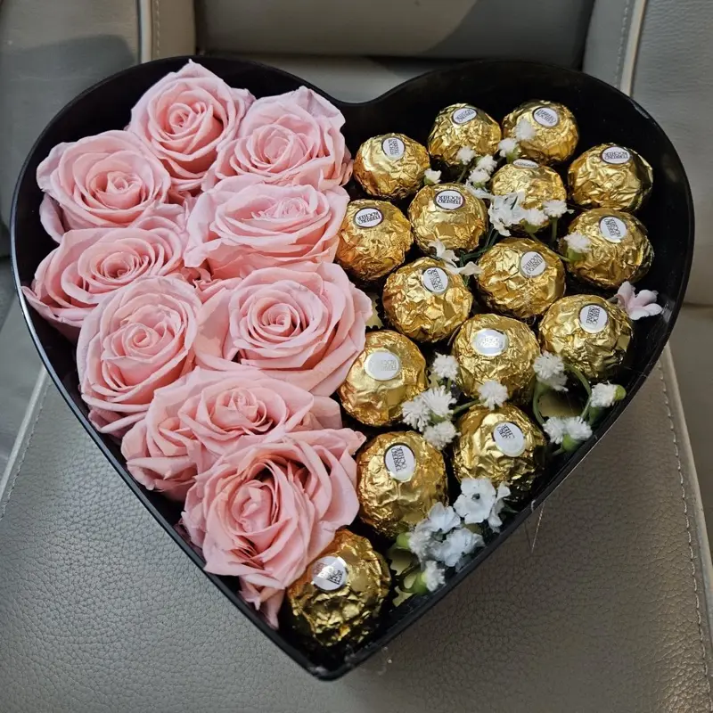 Heart-Shaped Preserved Roses Box with chocolates for Valentine's Day Gift