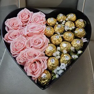 Heart-Shaped Preserved Roses Box with chocolates for Valentine's Day Gift