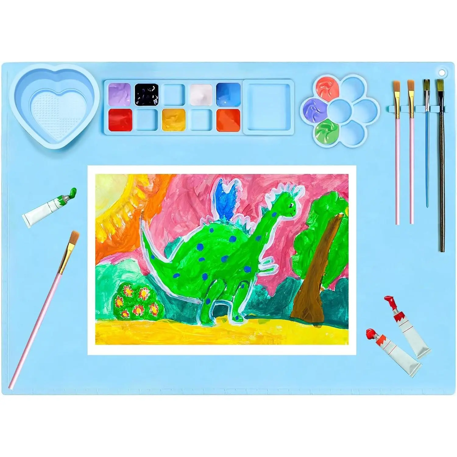 20"X16" Large Blue Silicone Painting Art Mat with Cup Easy Clean Up Surface Protection for Paint Coloring Clay Play Dough