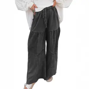 Mntaor Women's Black Mineral Wash Tiered Wide Leg Patchwork High Waist Drawstring Pants - Casual Trousers Aesthetic Bottoms,Winteroutfit