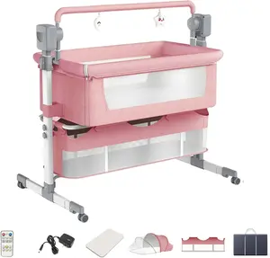 Electric Crib, Next to Me Bassinet Cradle with Lullaby Music, Baby Bedside Crib for Newborn, 5 Swaying Gears, Baby Co-Sleeper Cot with Mattress (MG601-Pink)