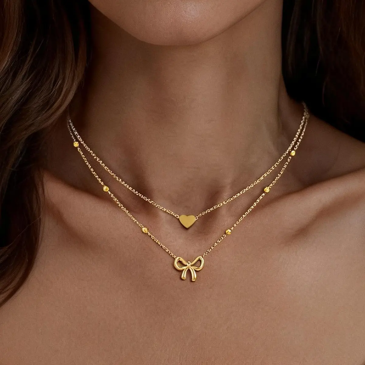 2PCS Bow Heart Layered Necklaces for Women Trendy, Dainty Layered 14K Gold Plated Cute Bow Pearl Heart Pendant Choker Necklace Stack Love Choker Waterproof Fashion Jewelry Set Gift for Women Mom