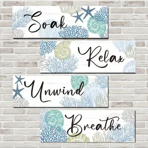 4 Piece Beach Bathroom Wall Decor Set, Wooden Relaxing Bath Art, Starfish Shell Coral Nautical Style, Suitable for Bathroom/living Room/bedroom