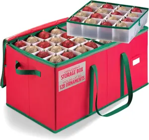 Christmas Ornament Storage - Stores up to 128 Holiday Ornaments, Adjustable Dividers, Zippered Top, Two Handles - Attractive Storage Box Keeps Holiday Decorations Clean and Dry for Next Season (Red)