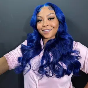 Sapphire Blue Colored 13x4 Lace Frontal Wig Body Wave Hairstyle 200% Density 12A Quality Human Hair Wigs For Women Pre-Plucked With Baby Hair Bleach Knots Peruvian Human Hair Wig Long Length 32 34 Inches
