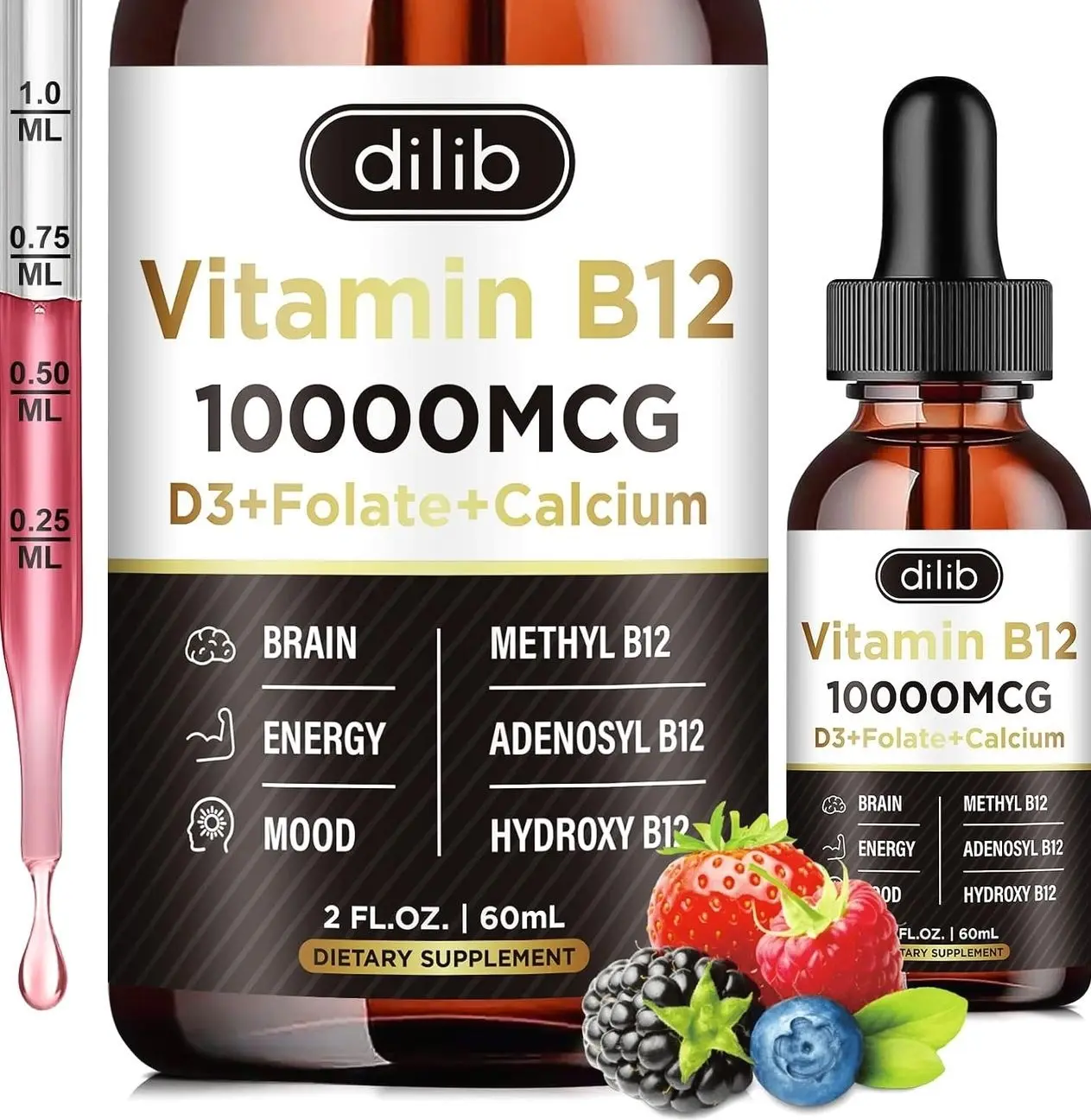 Vitamin B12 Complex 10000 mcg | Vegan Triple Liquid B-12 Drops Sublingual Supplement | Methylcobalamin & Adenosylcobalamin & Hydroxo Blend for Long-Lasting Energy and Healthy Metabolism Berry Flavor