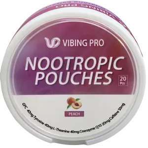 VIBING PRO Nicotine-Free Nootropic Energy Pouches (Peach Mango Fresh Mint) - 50mg Caffeine, Alpha GPC, L-Tyrosine, L-Theanine & CoQ10, Sugar-Free, No Crash, Focus Support,5 Cans, 20 Pouches Per Can(100 Pouches Total)