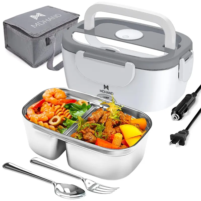 【Black Friday】 1.5L 304 Stainless Steel Heated Leakproof Lunch Box - 65W Fast-Heating, BPA-Free, 110V-12V-24V Portable for Drivers, Office/Home, with Leakproof Tray, Aluminum Cutlery, Carry Bag, Dishwasher Safe Kitchenware