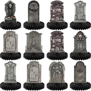 Gravestone Honeycomb Centerpieces - Pack of 12 | Skull Skeleton Halloween Centerpieces for Halloween Table Decorations | Halloween Birthday Decorations | Halloween Party Decorations Indoor