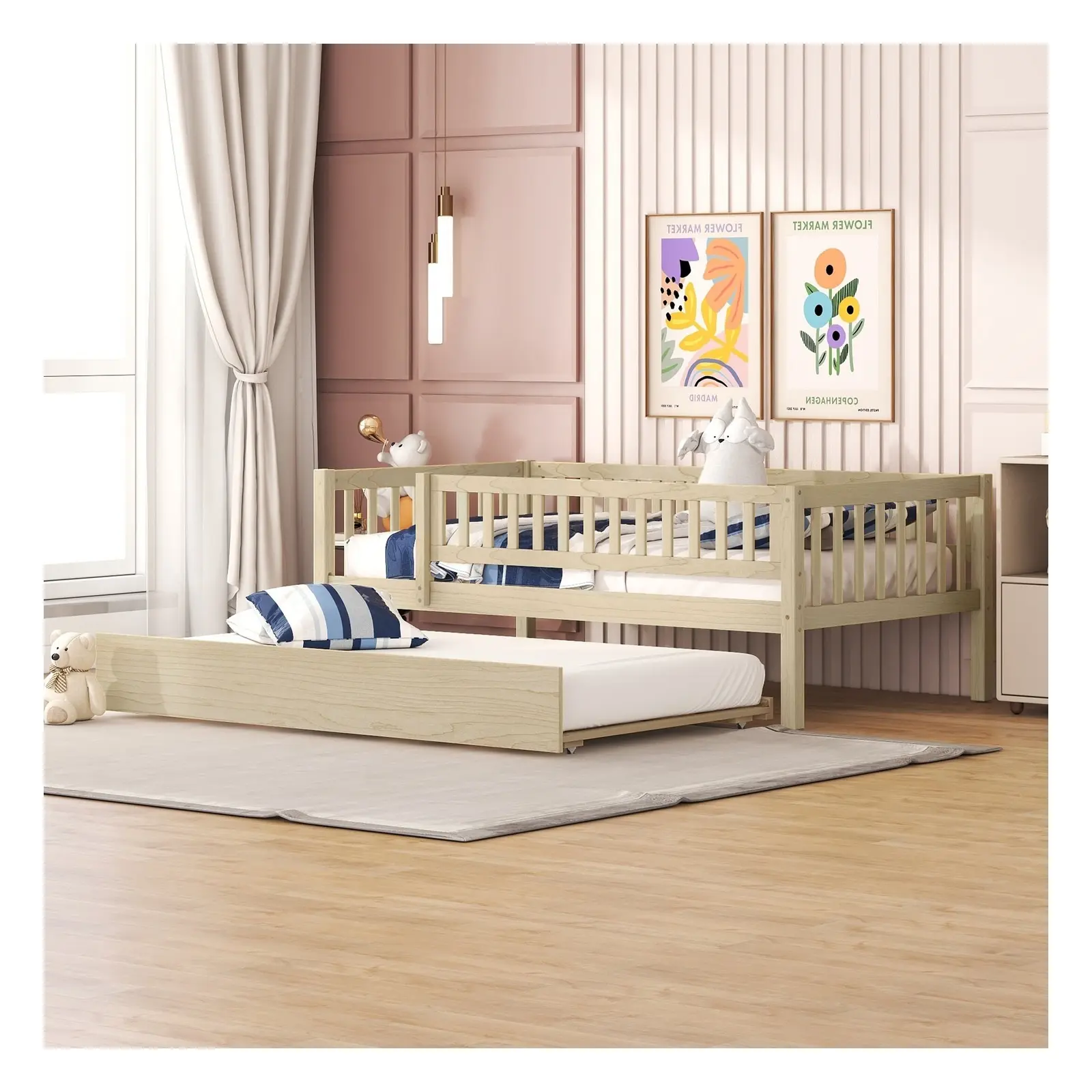 Twin/Full Wood Daybed Frame with Trundle and Guardrails, Natural/White/Walnut/Gray