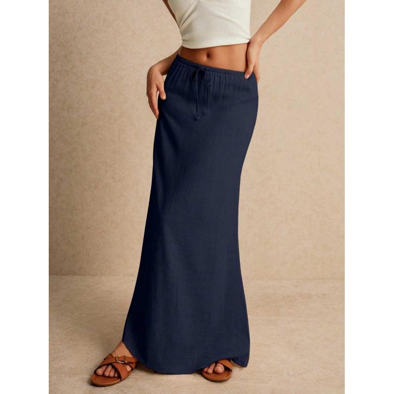 LYD- Women's White Maxi Skirt - Minimalist Drawstring Linen Fabric, Regular Fit, Casual Style, All Seasons Bottoms for Home Wear -LYD sport women leopard