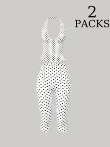 2 Pack Women Polka Dot 2 Piece Outfits, Halter Top and Capris Pants Set, Sleeveless Crop Halter Top with High Waist Capri Leggings, Casual Summer Outfits, Y2K Style Activewear Loungewear, Trendy Streetwear & Daily Wear Sets