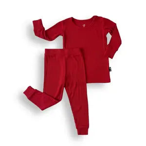 LONG SLEEVE 2 PIECE SETS- Red Ribbed, Kids Soft Ribbed Bamboo Pajama Set