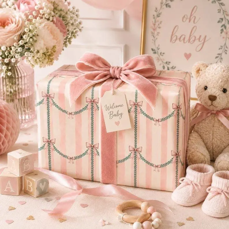 Pink Bow Botanical Wrapping Paper, Coquette Gift Wrap, Pink Stripe Wrapping Paper, Cottagecore Gift Wrap, Luxury Gift Wrap