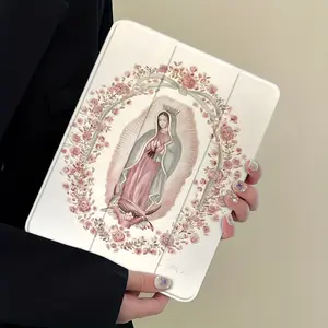 Elegant Floral Mother Mary Design Folding Case for iPad, Transparent Acrylic Hard Back, Pencil and Charger Slots, Ultra-Thin Shockproof Cover for iPad 10.2inch 2019/2021, Mini, Pro, Air