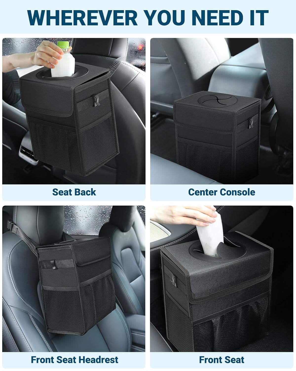 Capolo Car Trash Can with Lid, Leakproof Car Trash Bag Hanging Waterproof Automotive Garbage Can with Storage Pockets Mini Vehicle Trash Bin for Back/Front Seat(Black,2.5 Gallon)