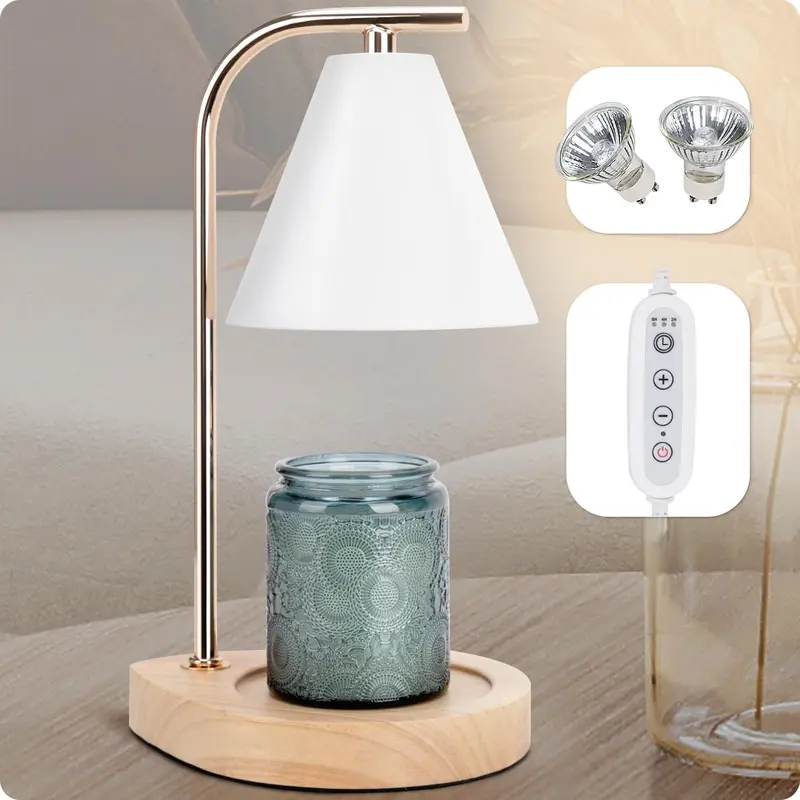 Candle Warmer Lamp with Retro Wooden Base - Home Decor Wax Melt for Small and Large Jar Candles, Candle Heater Lamp with 2 Bulbs, Dimmer and Timer Function-White Lighting