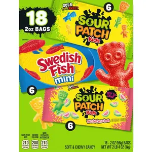 SOUR PATCH KIDS and SWEDISH FISH Mini Soft & Chewy Candy Variety Pack, Bulk Candy, 18-2 oz Bags