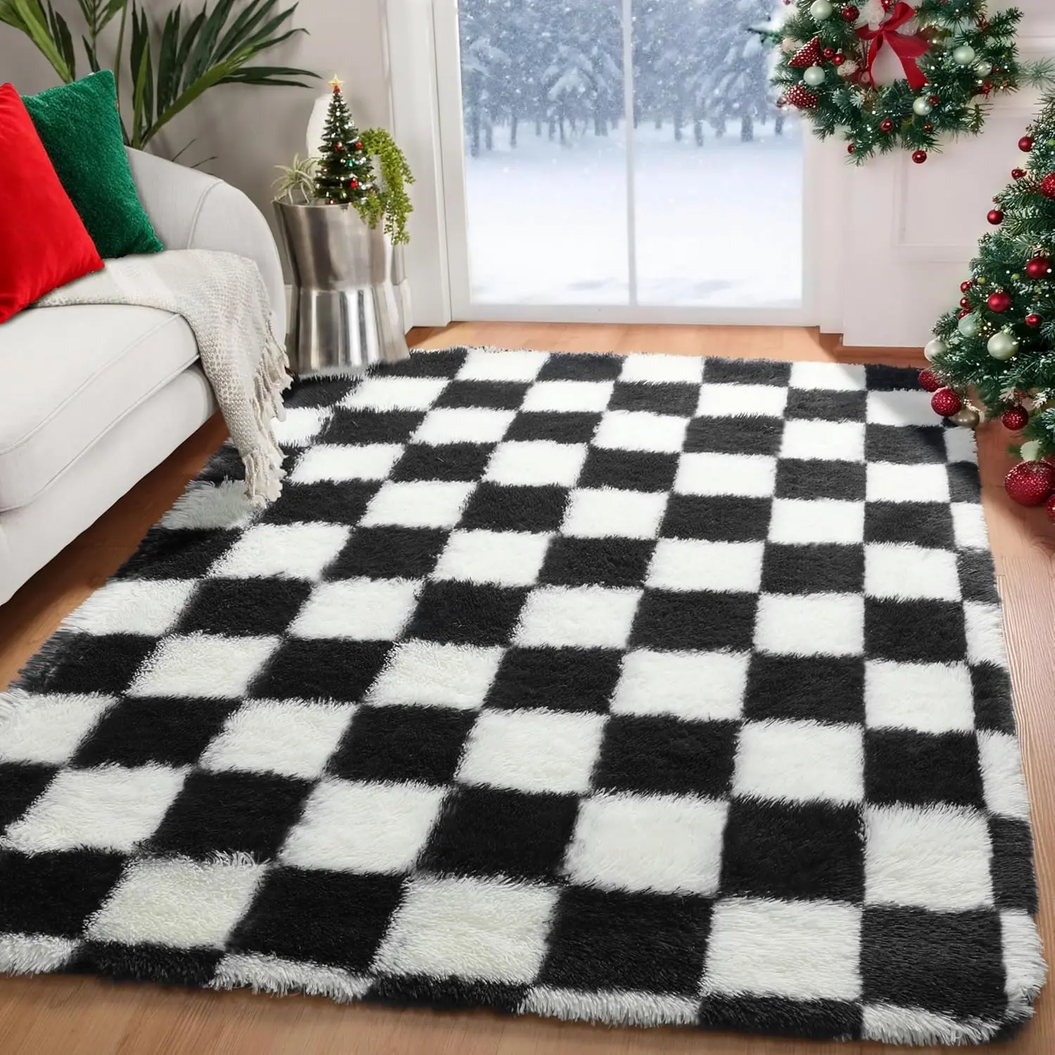 Area Rugs for Bedroom Living Room, 4x6 Black and White Fluffy Soft Checkered Rug Fuzzy Shag Shaggy Carpet, Indoor Plush Floor Rugs for Kids Boys Girls Teen