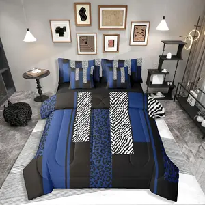 Leopard Print Stripes Blue Black 7 Piece Bedding Set,Geometric Comforter Bed Set with Sheets,Zebra Cheetah Wild Animal Skin Bed Bag,Women Men Adults Bed Set