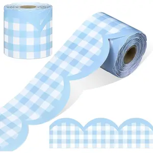 Zonon 65ft Gingham Bulletin Board Border Scalloped Checkered Classrooms Decoration for Party Rolling Whiteboard, Walls, Desks, Windows, Doors, Lockers, Schools(Blue)
