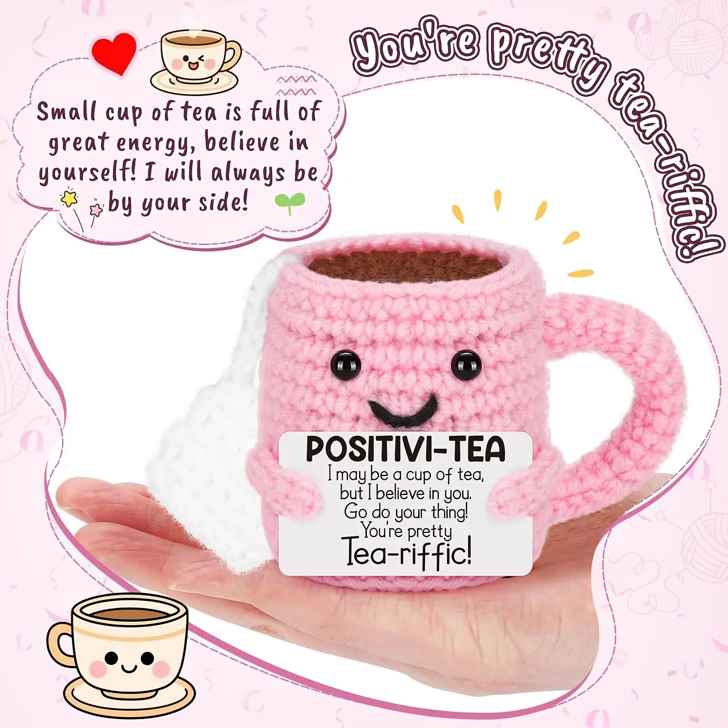 Handmade DIY Crochet Set Mini Tea Cup, Cute Gift, Positive Energy, Home Decor, Perfect for Teachers, Colleagues, Friends, Lovers, Graduation, Birthday, Party Decor