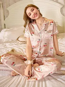 Valentine's Day Cherry Print Satin Sleepwear Set Loungewear, Comfortable Short Sleeve Button-Up Top and Casual Pants, Women's Homewear and Pajamas