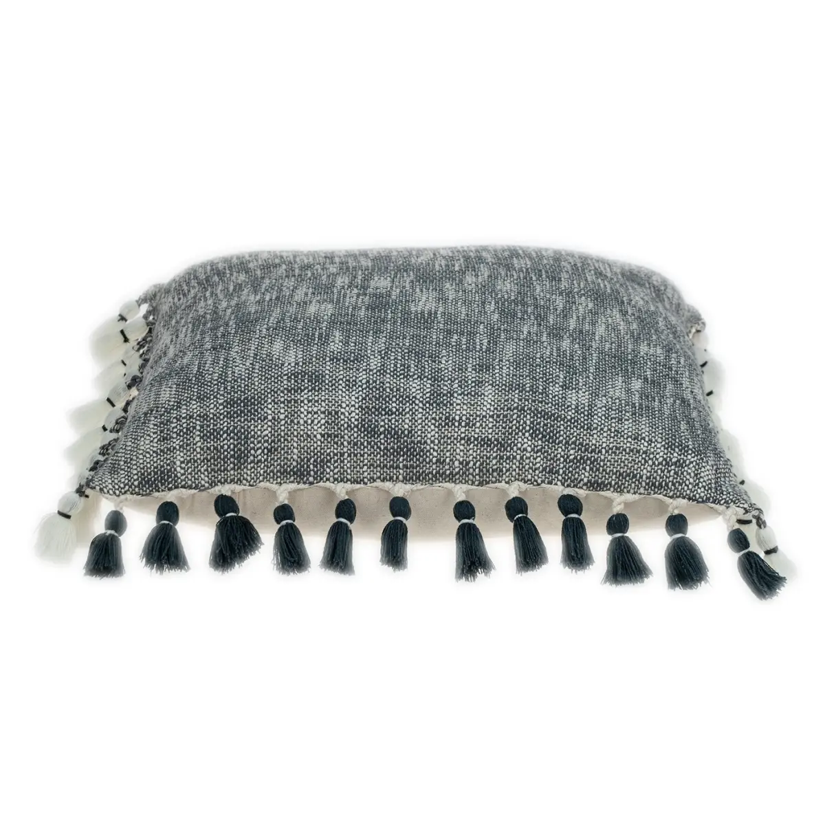 Slate Gray 20x20x5 in. Square Cotton Weave Soft Cushions Throw Pillow - 360 Stand, Transitional Style, Playful Look, Tassel Trim, Unique Texture