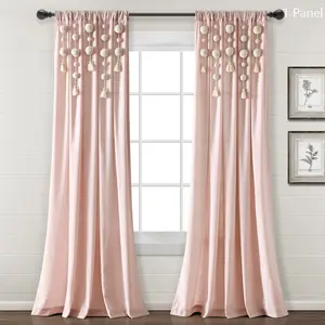 Lush Decor Boho Pom Pom Tassel Faux Linen Single Window Curtain Panel - Sold Individually - 52"W x 63"L/84"L/95L with Detachable Strings & 3" Rod Pocket for Boho & Glam Decor