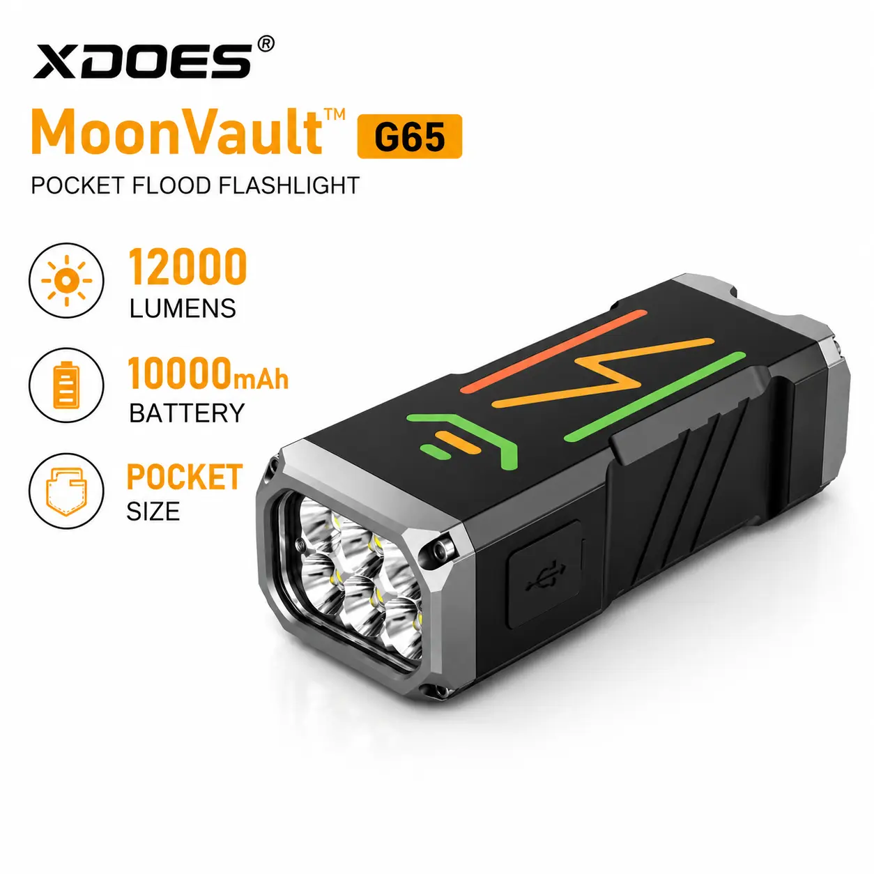 XDOES MoonVault G666Y 12000LM Rechargeable EDC Flashlight, 10000mAh USB-C Pocket Flood Light