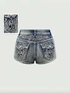 Women's Y2K Retro Wing Skull Embroidery Low Waist Ultra-Short Denim Shorts, Stylish and Trendy Design, Perfect for Casual Wear