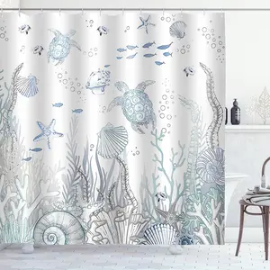 Coastal Turtle Shower Curtain Fish Coral Starfish Seashell Blue Ocean Beach Shower Curtains for Bathroom Waterproof Polyester Fabric Bathroom Curtain 72 x 72 Inch with 12 Hooks