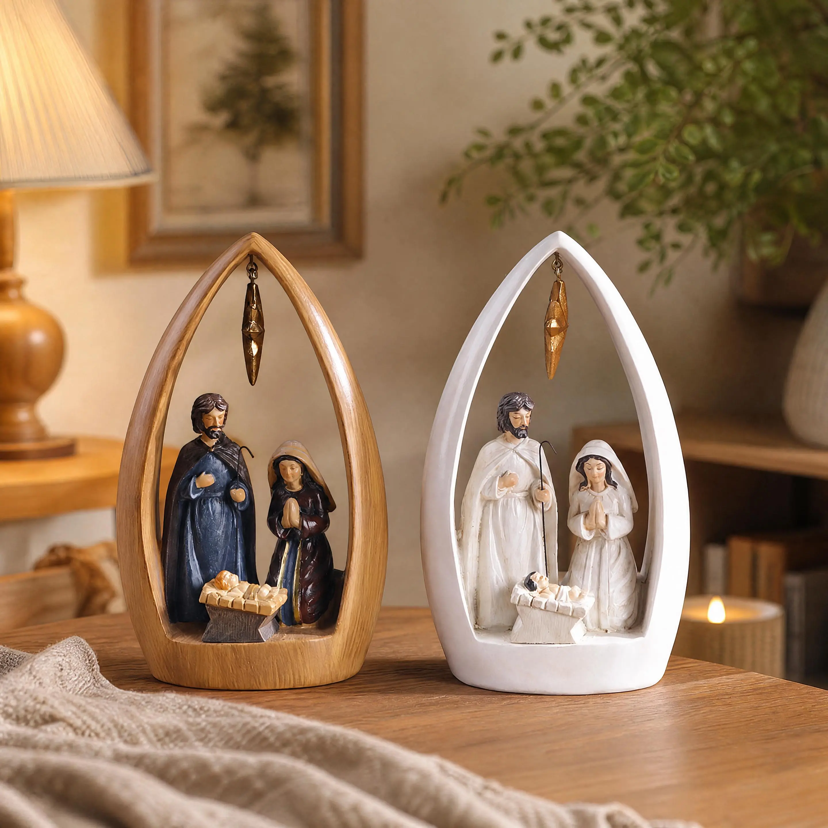 Christmas Nativity Scene Holy Family Figurines Set, Teardrop Shape Frame Religious Resin Statue, Rustic White Wood Style Desktop Ornament for Catholic Christian Holiday Decor & Gift